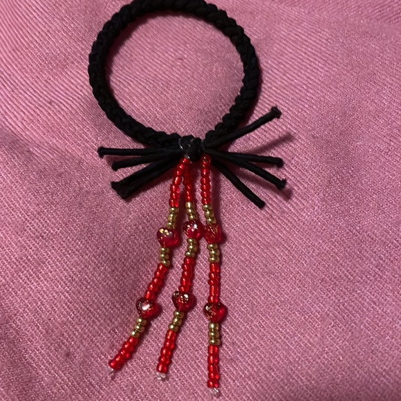 Original Hair Elastic Enhanced w Gold & Red Glass Beads & Glass Hearts - Picture 3 of 3